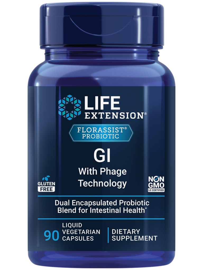 Estensione della vita FLORASSIST GI con tecnologia di Phage, salute digestiva, supporto probiotico, assorbimento nutriente, 7 ceppi probiotici, miscela di batteriofage, 90 capsule vegetariane liquide