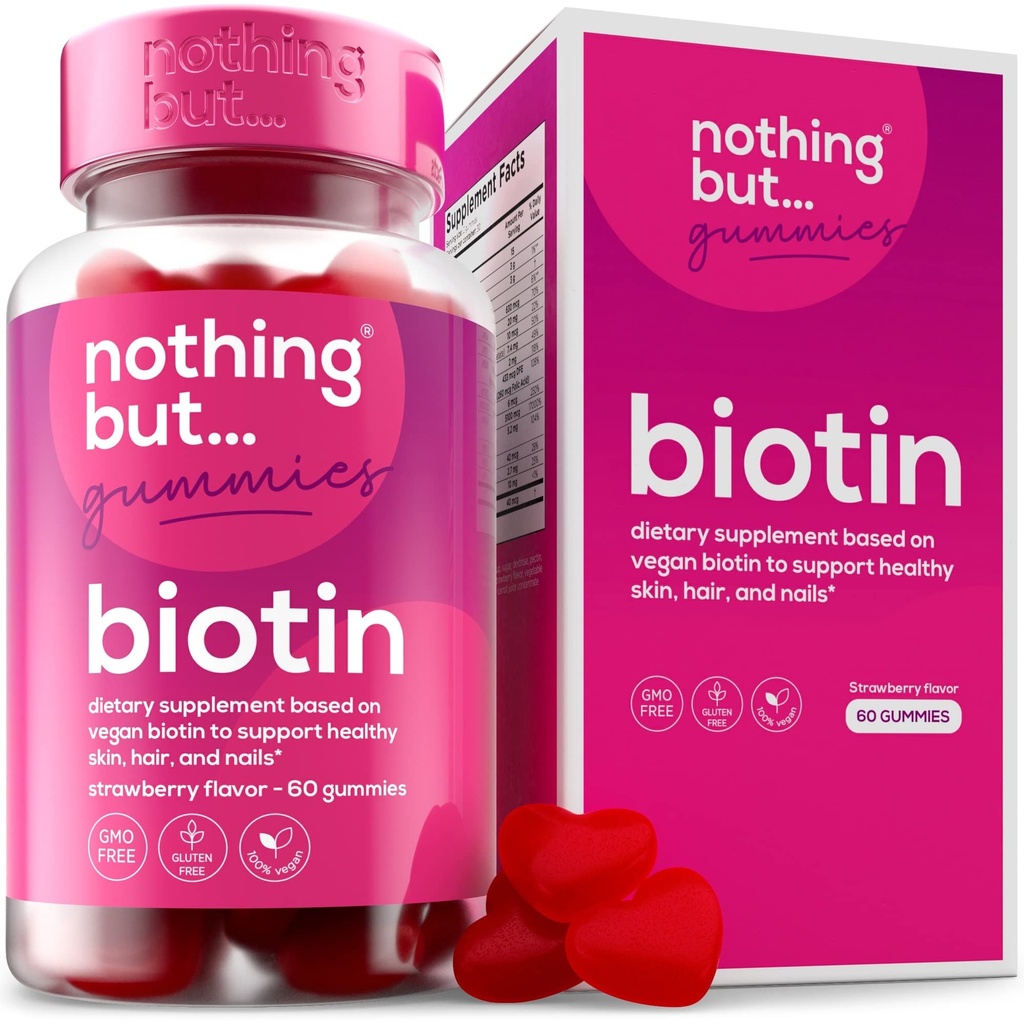 Gommies de biotine pour la croissance des cheveux 5100 mcg - Vitamines pour les cheveux, la peau et les ongles pour les hommes et les femmes - avec l'acide folique, les vitamines A, C, E & D et la force supplémentaire pour la croissance plus rapide des cheveux et des ongles, 60 Gommies