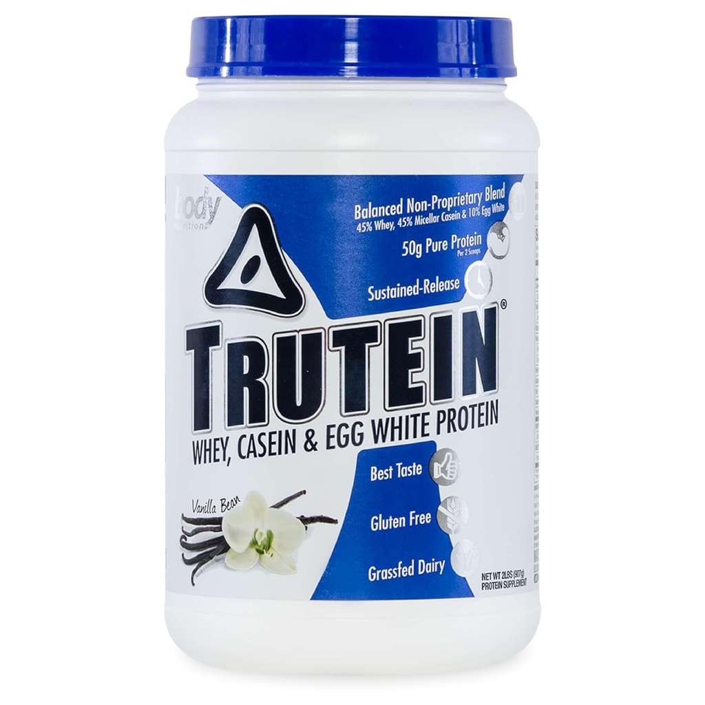 Body Nutrition Trutein High Protein Powder: 45% Whey, 45% Casein, 10% Egg White Protein Shake Mix, Glutenfrei, Low Sodium, Low Carb Protein Supplement Powder for Men & Women, Vanilla Bean, 2lb