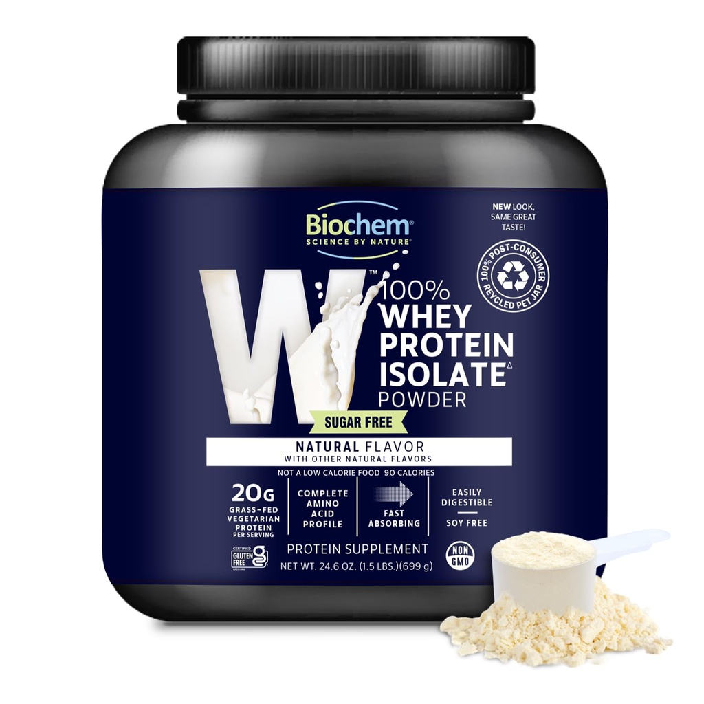 Biochem 100% Whey Isolate Protein Powder - Grass Fed, Low Carb, Keto-Friendly, Non OGM, Gluten-Free - Supporta la salute immunitaria e il recupero muscolare 20g Proteine vegetariane per porzione - Natural Flavor,1.5lb