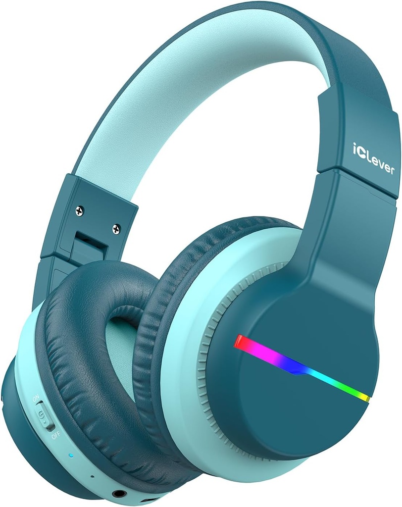 iClever BTH12 Kinder Bluetooth Kopfhörer,Colorful LED Lichter Wireless Kinder Kopfhörer,74/85dBA Safe Volume,85H Playtime,Bluetooth 5.2,Over Ohr Kopfhörer Eingebaute Mikrofon für iPad/Tablet/Airplane,Green