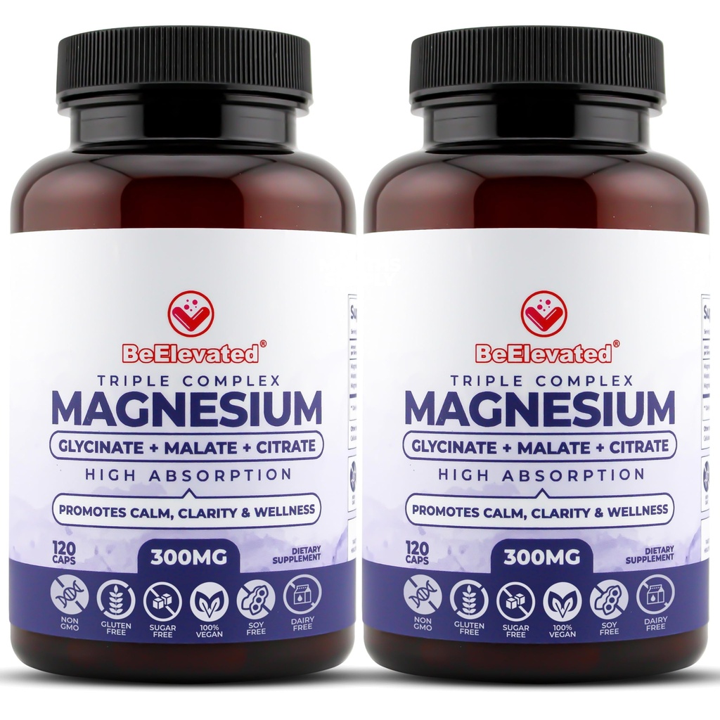 Triple Complex Magnesium Supplement – Fast-Acting Magnesium Complex Supplement mit Glycinat, Citrat & Malate für Gesamt-Well-Being – Natürliche, Vegan, Non-GMO-Kapseln (300mg) (2-Pack)