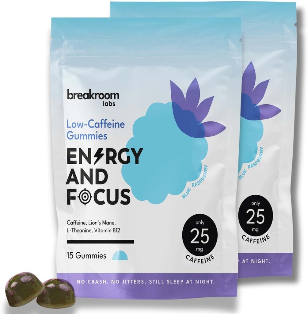 Pausa Labs Energia e Focus Gummies – Bassa caffeina 25mg w/L-teanina, Lions Mane, Vitamina B12 – Nootropic Brain Supplemento per adulti, Bambini - Vegan, Basso Zucchero, Blue Raspberry Flavor, 30 Servings