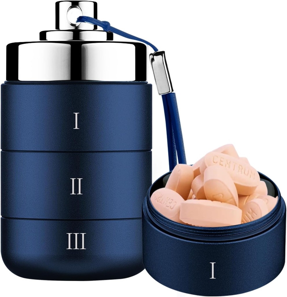 Metal Travel Pill Organizer, Portable Waterproof Quotidien Pill Box, Grand contenant en aluminium Pill Case 3 fois par jour Vitamine Organizer, Daily Medicine Organizer for Vitamine, Fish Oil, Supplément