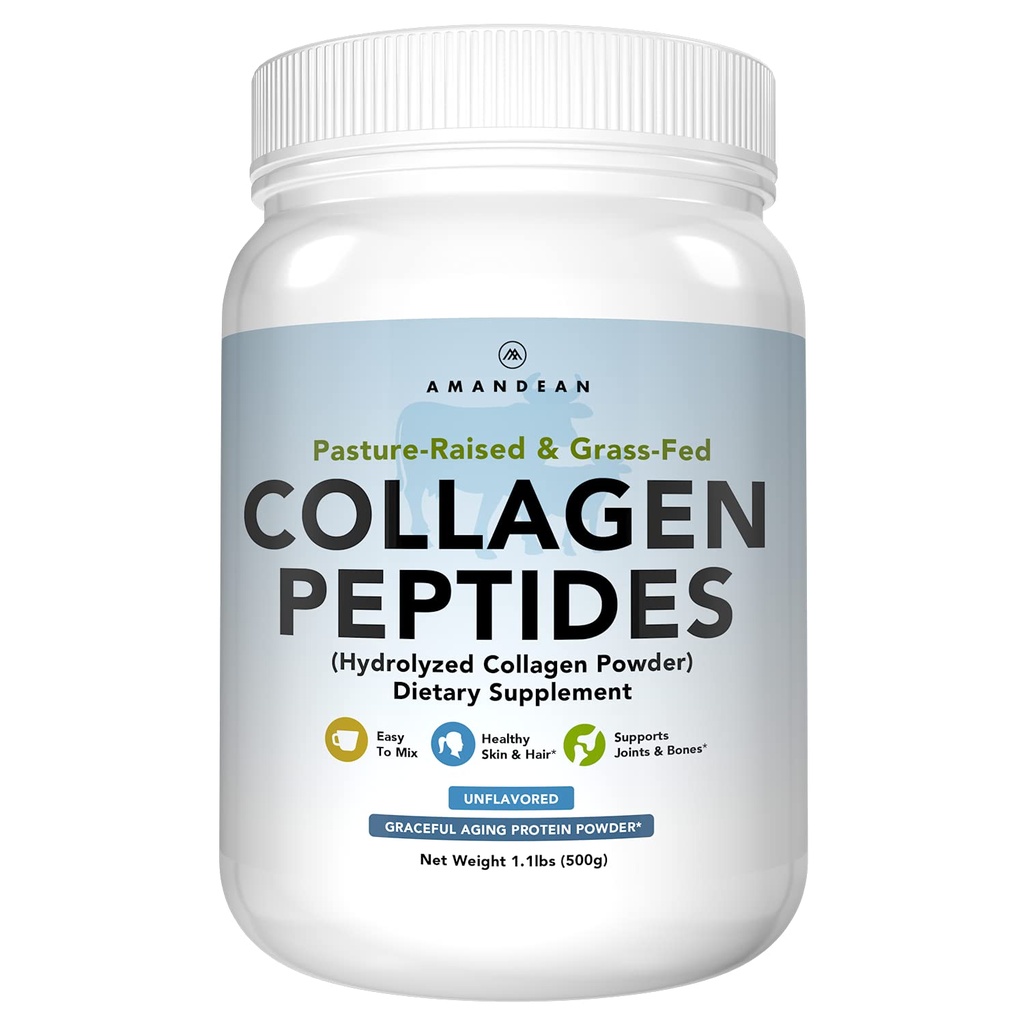 Polvere di peptidi di collagene di AMANDEAN (17.6oz). Grass-Fed Hydrolyzed Protein Supplement. Promuove articolazioni sane, pelle, capelli, unghie. Non aromatizzato e facile da mescolare.