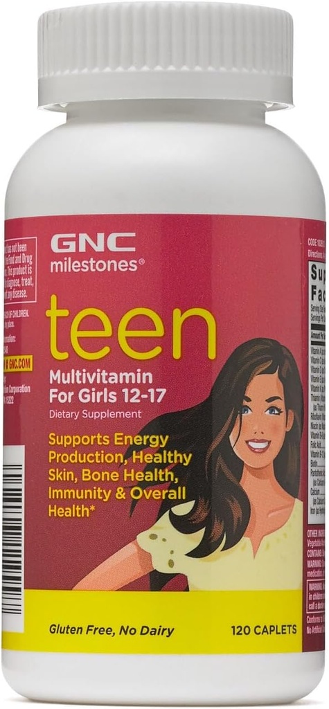 GNC Milestones Teen Multivitamin per Ragazze 12-17, 120 Caplets, Supporta la produzione di energia e la pelle sana, Salute e Immunità
