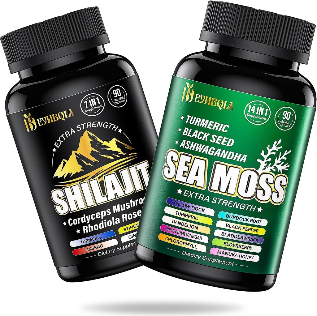 Sea Moss e shilajit Bundle - Conte 90AD - Moss del mare, Olio di semi neri, Ashwagandha, Turmeric & Shilajit, Rhodiola Rosea,Burdock, Bladderwrack 21 in 1 Integratori (2 Pacchetti)