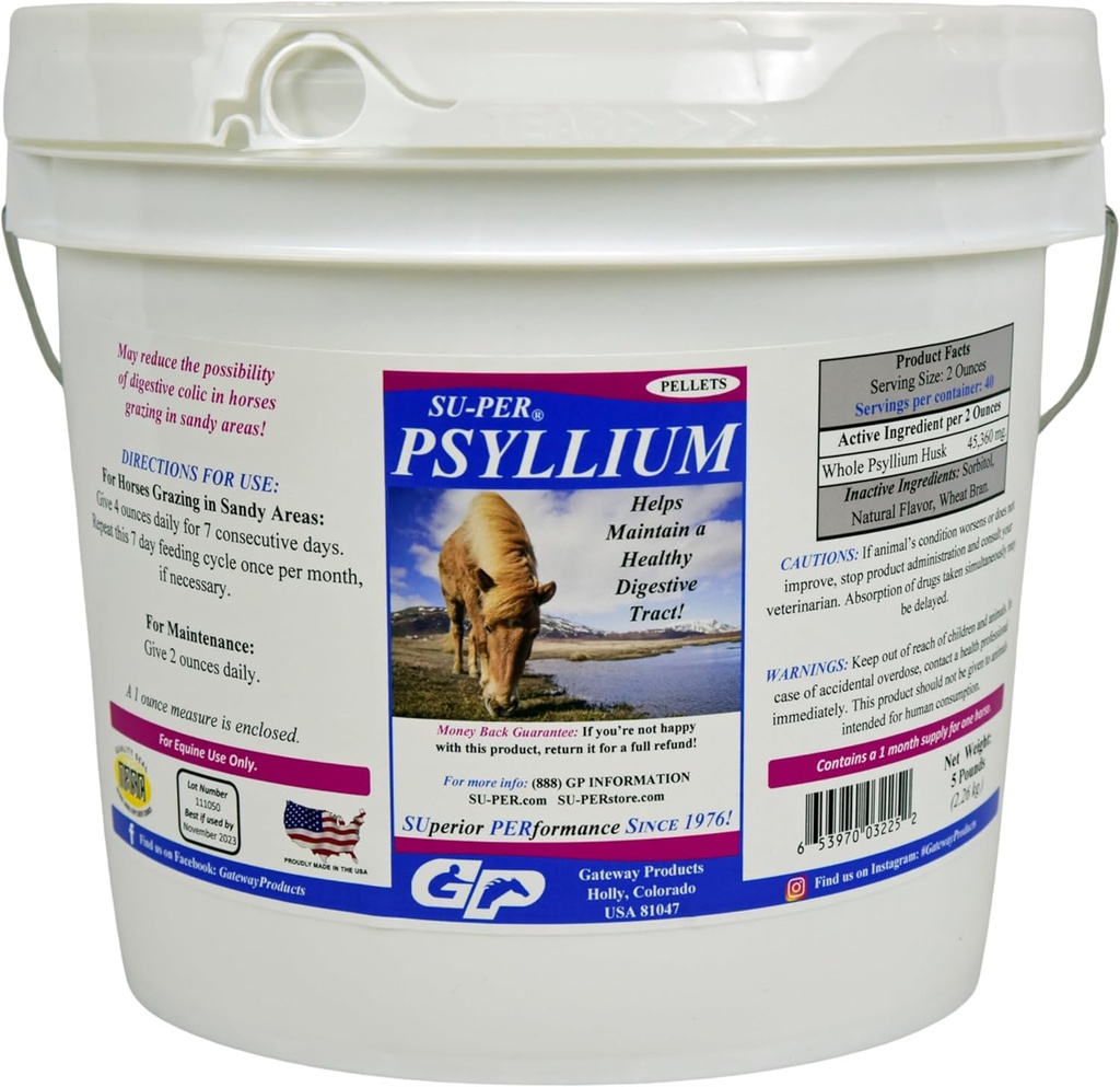 SU-PER Psyllium Pellets Equine Supplement - Bewahrt gesunde Verdauung Trakt in Pferden - Unterstützt Entfernung von Sand & Schmutz aus Darm Trakt - 5 Pfund, 1 Monat Versorgung