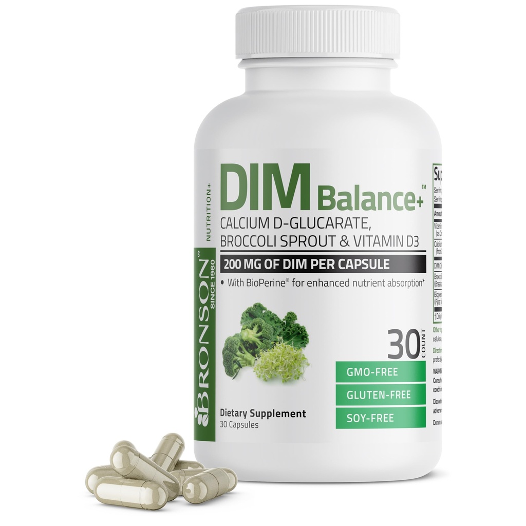 Bronson DIM Balance+ Calcium D-Glucarate, Broccoli Sprouts e Vitamina D3 200 MG di DIM per Capsule Supporti Metabolismo estrogeno e livelli di ormone bilanciato Non OGM, 30 capsule vegetariane