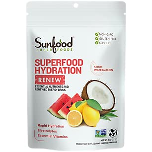 Sunfood Superfood Hydratation Renouveler- Poudre d'eau de coco, Poudre d'électrolytes avec citron, sel de mer et minéraux, mélange de boisson d'électrolyte biologique propre - 8 oz sac