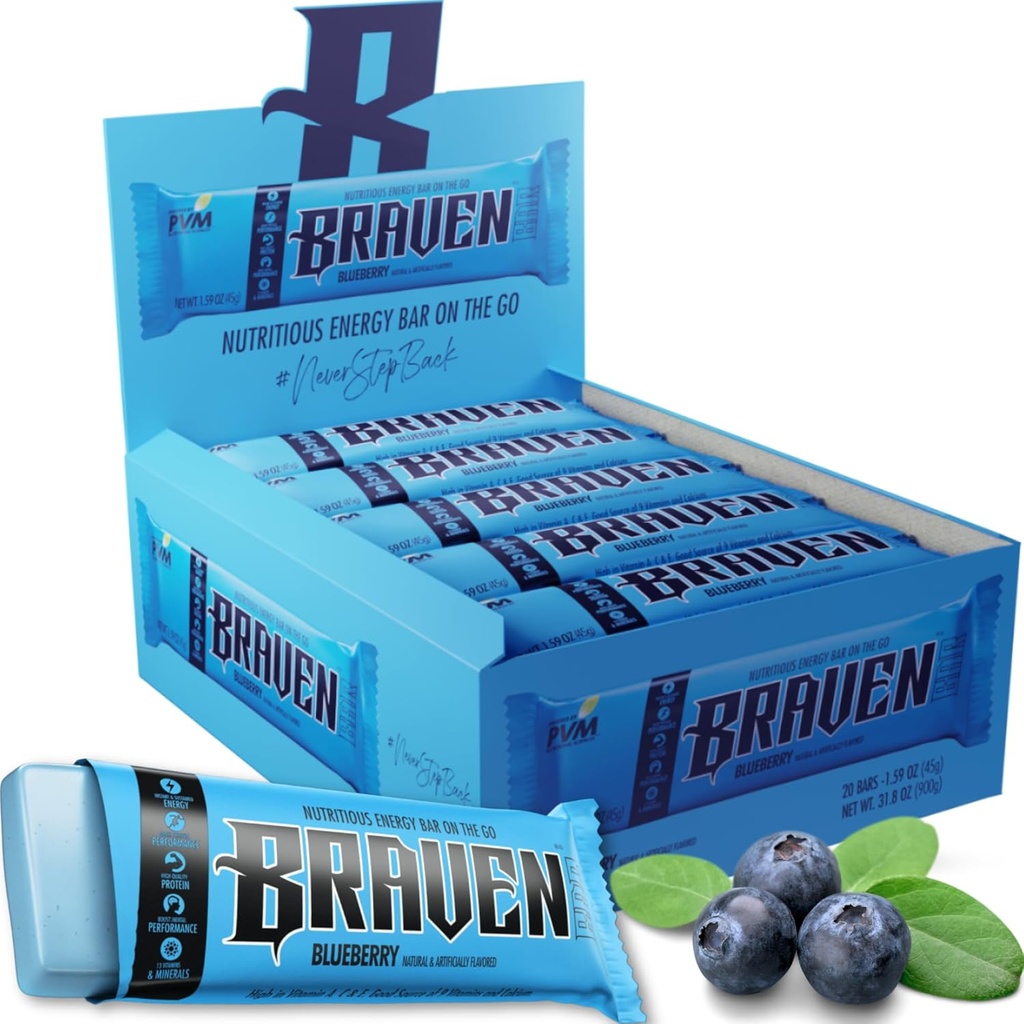 Braven Bar Blueberry Energy Bars (1.59 Unze, 20er Pack) – Energy Chews mit 5g Protein – On-the-Go Energy Snacks für Laufen, Wandern und Sport - Gluten kostenlose Snacks für nachhaltige Energie Boost