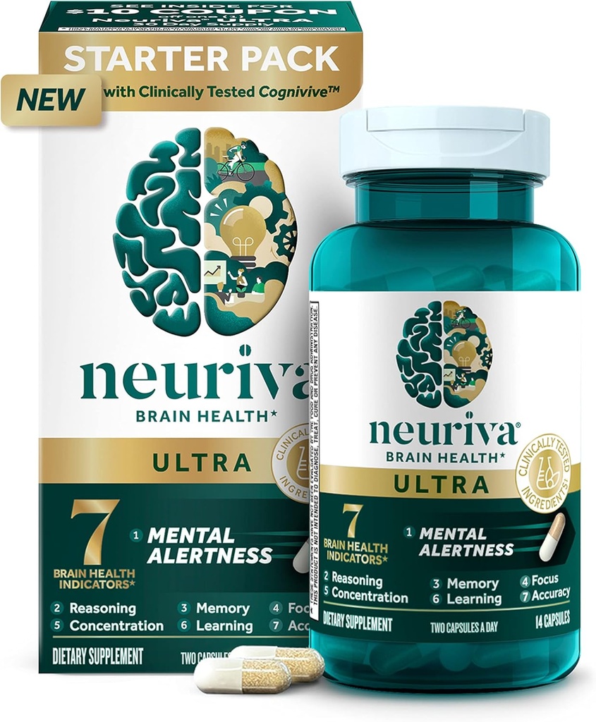 NEURIVA Ultra Decaffeinato clinicamente testato supplemento di cervello nootropic per l'Alertness mentale, la Memoria, il Focus e la concentrazione, il riconoscimento, il Neurofattore, la Phosphatidylserine, le vitamine B6 B12, 14ct capsule