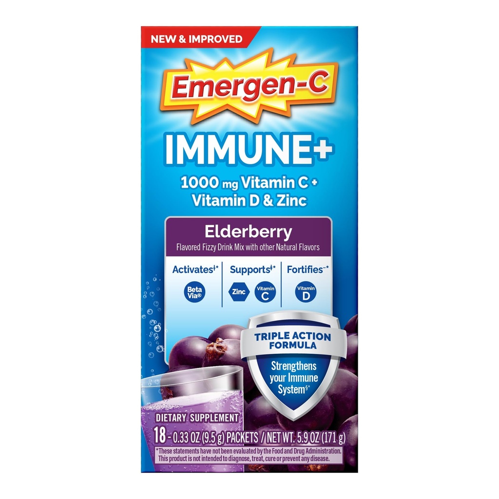 Emergen-C Immune+ Triple Action Immune Support Poudre, BetaVia (R), 1000mg Vitamine C, B Vitamines, vitamine D et antioxydants, Elderberry, Retour à l'essentiel de l'école – 18 Compte