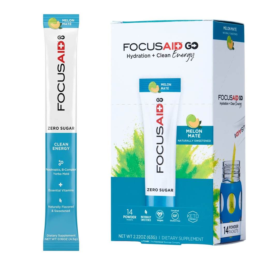 FOCUSAID GO Nootropics Energy Blend, Zero Sugar, Alpha-GPC, GABA, B-Complex, Yerba Mate, The verde, Keto Friendly, 100mg Natural Caffeine (Pack of 14)