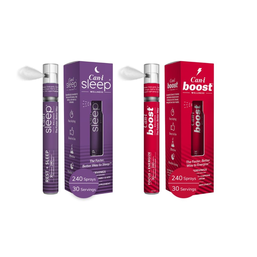 Can-i Wellness Fast-Acting Oral Spray Bundle - Natural Sleep Supplement mit Melatonin und GABA, Tägliche Energie-Unterstützung mit B12, Ubiquinol und Koffein – Vegan Formel, Portable, Travel-Friendly Spray