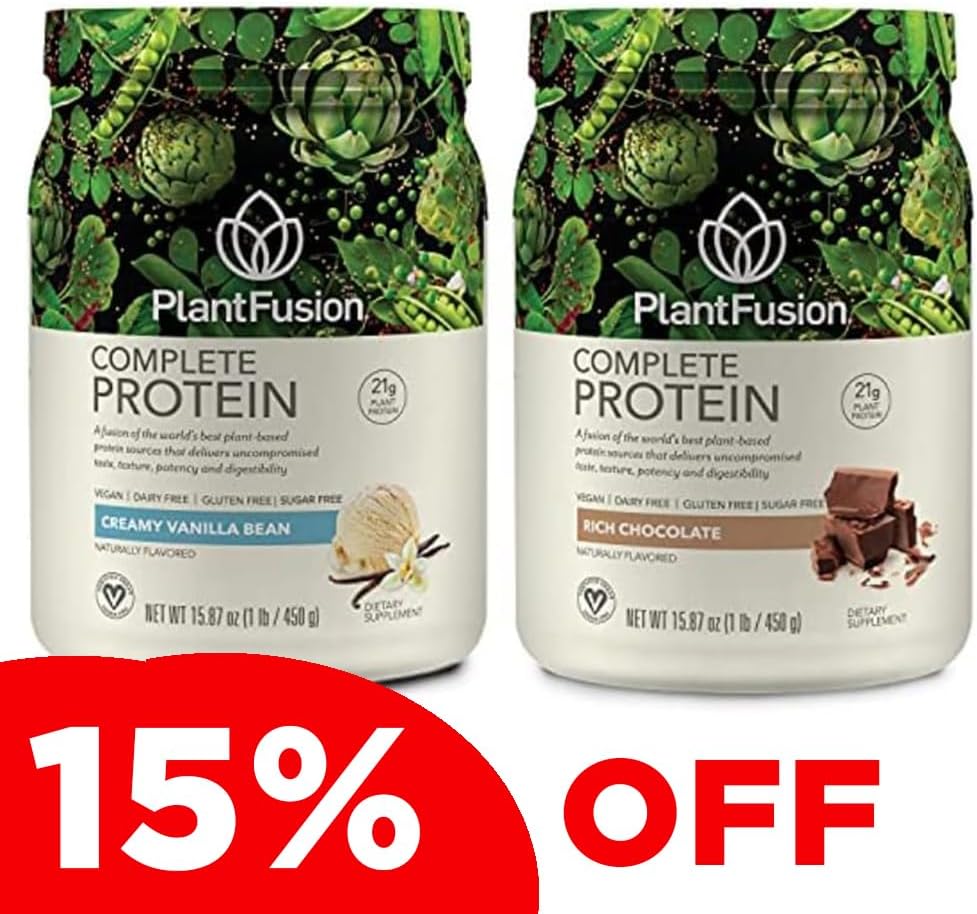 PlantFusion Ensemble complet de poudre de protéines de pois à base végétale, non-OGM, végétalien, sans produits laitiers, sans gluten, sans soja, sans allergènes, sans enzymes digestionnelles, supplément alimentaire, haricots de vanille et chocolat 1 livre