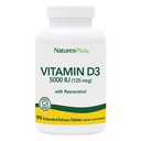 Natures Plus Vitamin D3, Extended Release - 90 Vegan Tablets - 5000 IU + 25 mg Trans-Resveratrol - Herz- und Knochengesundheit, Immunsystemunterstützung, Anti-Aging - Glutenfrei - 90 Portionen