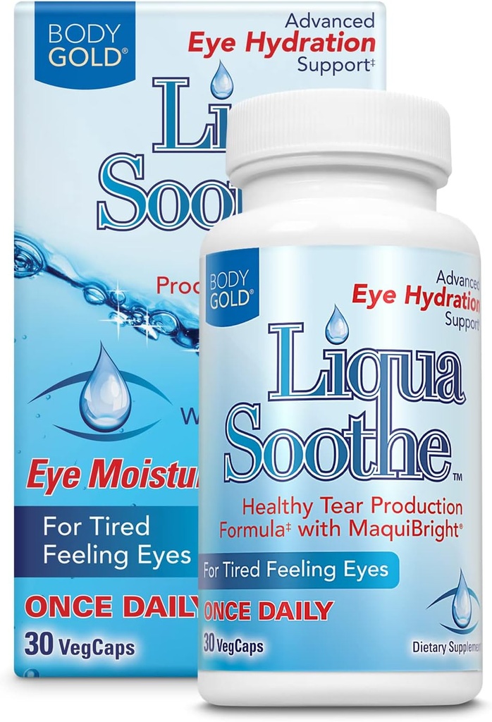 Body Gold Liqua Soothe Eye Health Supplement, Formule de production saine de la tear pour les yeux secs, fatigués, avec/MaquiBright, vitamine A, lutéine et acide hyaluronique, garantie de 60 jours, 30 portions, 30 capsules de légumes