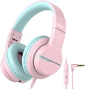 iClever HS19 Cuffie per bambini con microfono per la scuola, sicuro volume limitato, Over-Ear Girls Boys Cuffie per bambini con Shareport, cablato pieghevole per iPad / viaggio (Pink)