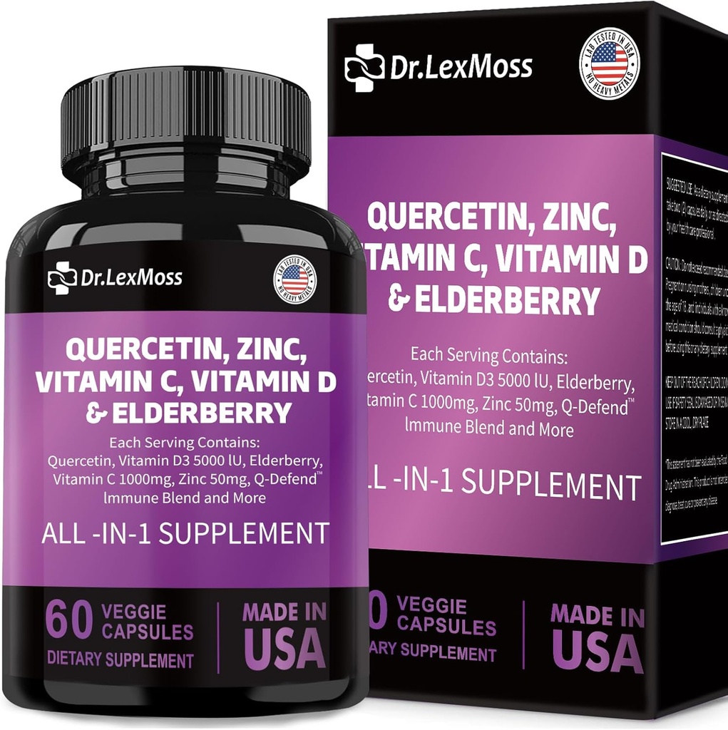 60 Count Quercetin 1000mg Zinc 50mg Vitamine C 1000mg Vitamine D 5000IU Supplément de support du système immunitaire avec Echinacea Ginger Bromelain Sea Moss Capsules de végane pour hommes et femmes, États-Unis