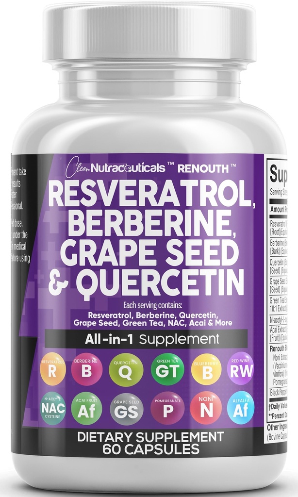 Supplemento di resveratrolo pulito | Estratto di semi di berbino Quercetin Estratto di tè verde Acai Noni Polyphenol Supplemento per le donne e gli uomini che invecchiano N-Acetyl Cysteine NAD Booster