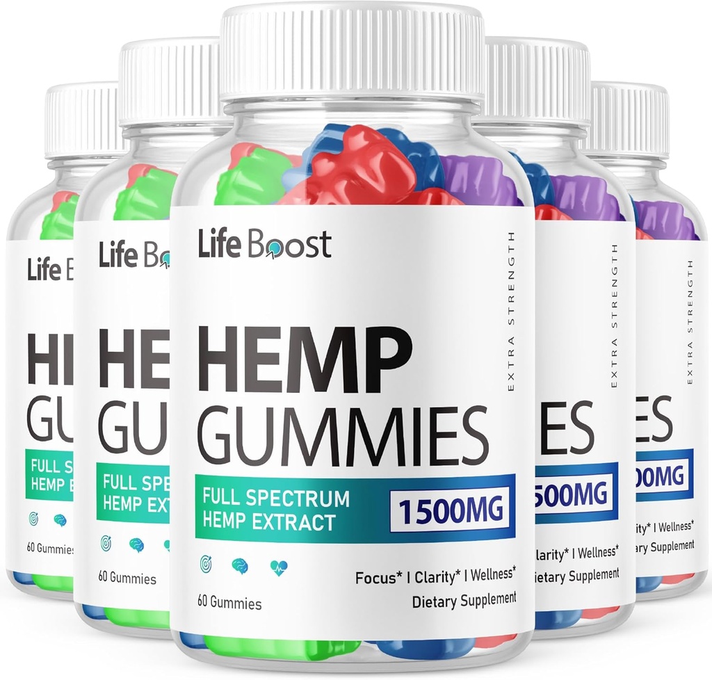 (5 Pack) Life Boost Hemp Gummis Advanced Strength Performance Hanf Blend Formel, Big Size Lifeboost Hanf Gummy mit 25mg Hanf Extrakt, Großer Geschmack 1500mg pro Flasche, Neue 2024 Gummi (300 Gummi)