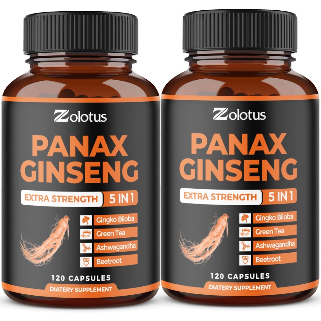 Zolotus Korean Red Panax Ginseng + Ginkgo Biloba, Ashwagandha, Beetroot, Grüner Tee - 120 Kapseln (Pack von 2)