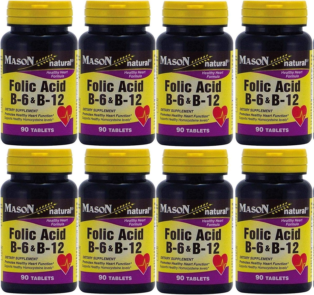 Mason Vitamins Folic Acid B-6 & B12 Heart Health Formula 90 compresse per confezione bottiglia di 8 Totale 720 compresse