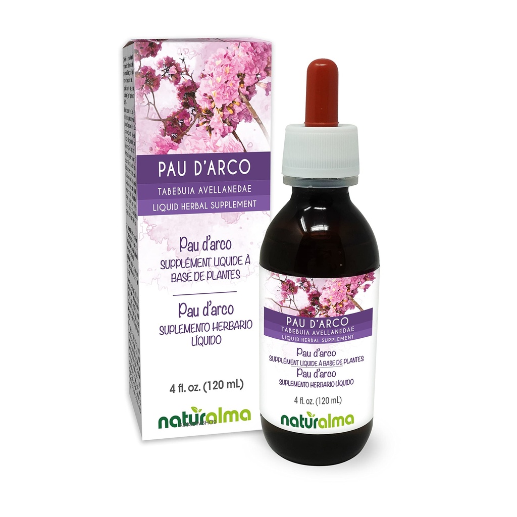 Naturalma PAU d'arco ou Lapacho (Tabebuia avellanedae ou Tecoma curialis) écorce Teinture sans alcool - 4 fl oz Extrait liquide dans les gouttes - Supplément à base de plantes - Vegan
