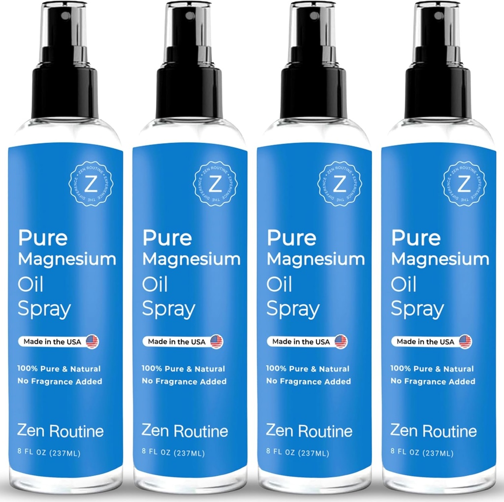 Reines Magnesium Öl Spray – 8oz (4 Pack) - Organische USP-Grad, Magnesiumöl für Füße, Magnesium aus antiken Mineralien - Aceite de magnesio para Los pies - Natural Magnesium Chloride, Made in USA
