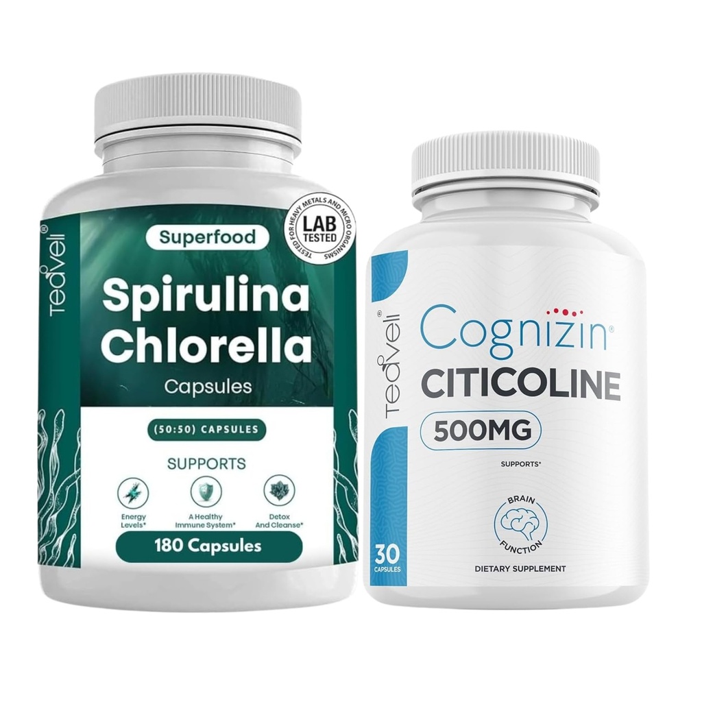 Teaveli Citicoline avec Spiruline chlorella Capsules Bundle