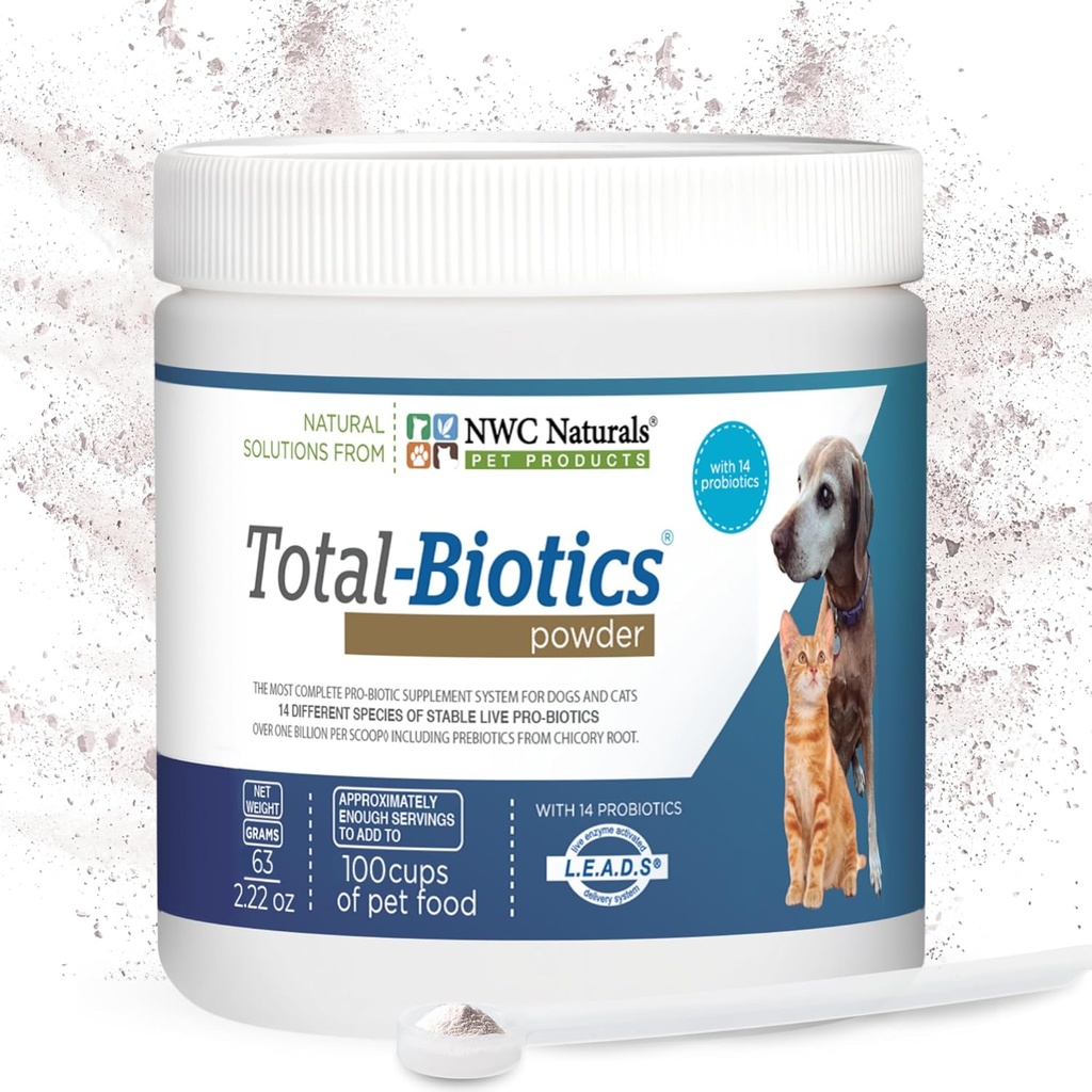 NWC Naturals Total-Biotiques, Probiotiques Chat & Chien pour la santé digestive avec Probiotique Prébiotique, Non aromatisé pour chiens et chats, Supplément pour Gut, Peau, Coat, Stimulation de l'estomac, 100 portions, 2.22 Ounces