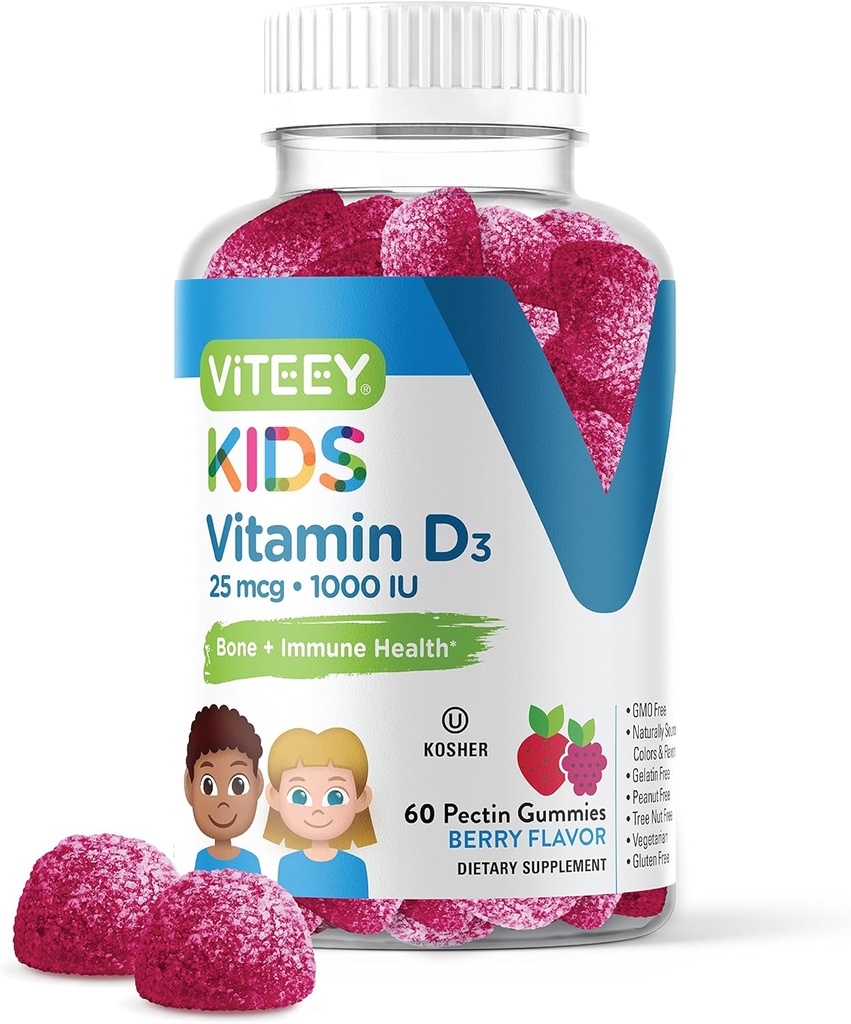Viteey Vitamin D3 Kids Gummies 25mcg 1000 IU - Knochengesundheit, Immungesundheit, Gelenkmuskelunterstützung - Vegetarisch, Gelatinfrei, Glutenfrei, GMO Free - Tasty Chewable Berry Flavored