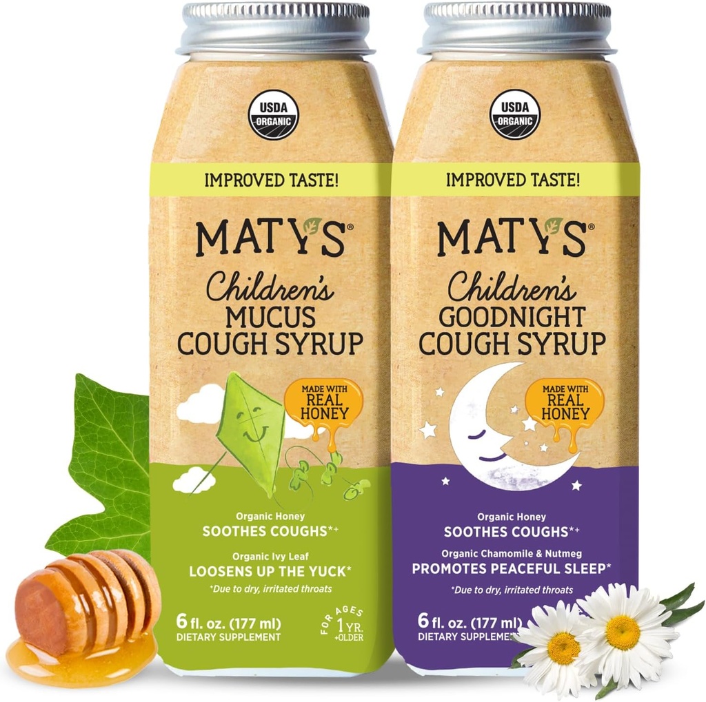 Matys Organic Kids Cough Syrup Mucus & Nighttime Value Pack für Kinder 1 Jahr + Up, Beruhigend All-in-One Cough und Mucus Relief w/Zinc & Organic Ivy Leaf, Melatonin & Dye Free, 2 Pack, 6 Fl Oz Jede