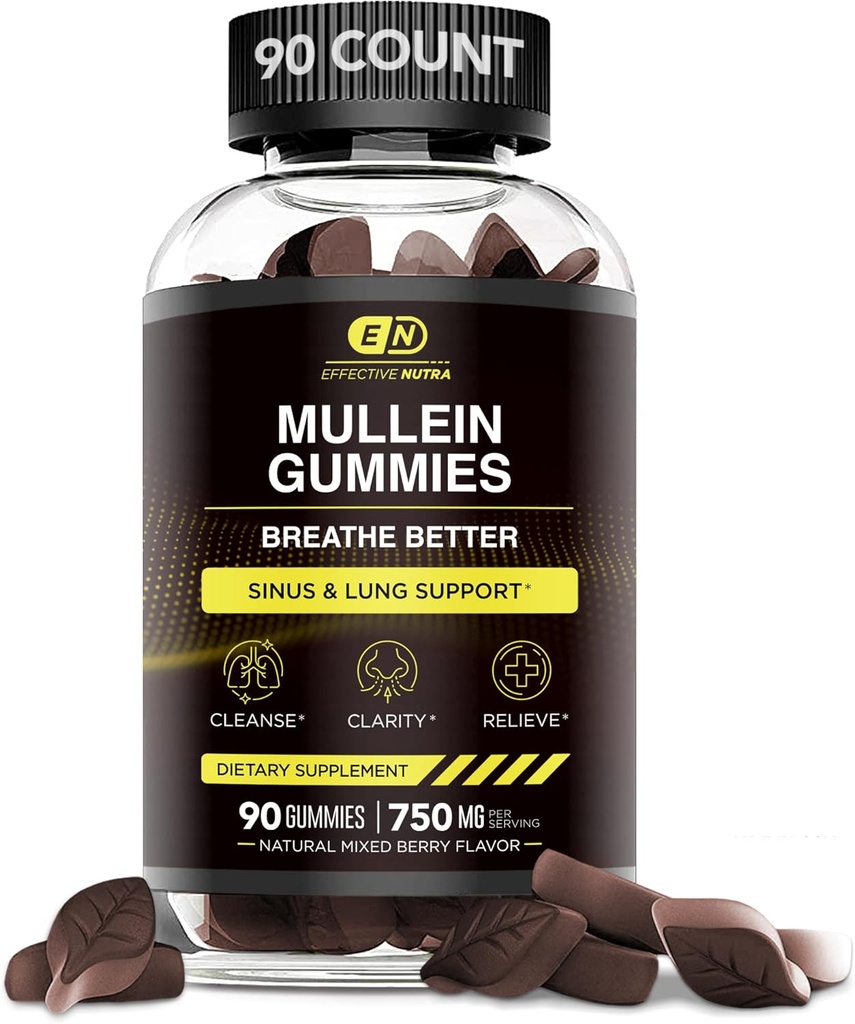 EFFETTIVO NUTRA 9in1 Gummie Mullein | Supporto polmonare e sinusale per la pulizia, la chiarezza e il sollievo | Vegan, Gluten-Free, Non-GMO Supplemento | Natural Berry Flavor, 45-Day Supply, Made in USA (90ct)