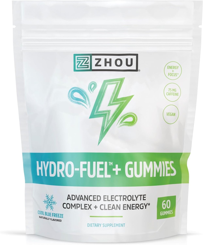 Zhou Nutrition Hydro-Fuel+ Gummie - Elektrolyt-Gummien für Hydration, Advanced Chews mit Elektrolyten Complex und 75 mg Koffein für saubere Energie, Hydrating Supplement - 60 Vegan Chews