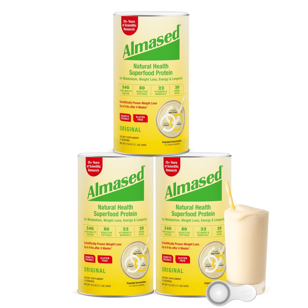 Polvere proteica almased per il corredo di perdita di peso per gli uomini e le donne, Agitazione naturale di sostituzione del meal per la perdita di peso, supplemento, 27 grammi di proteine per il consumo (aroma originale, 3 cans @ 17.6 oz ea + Scoop)
