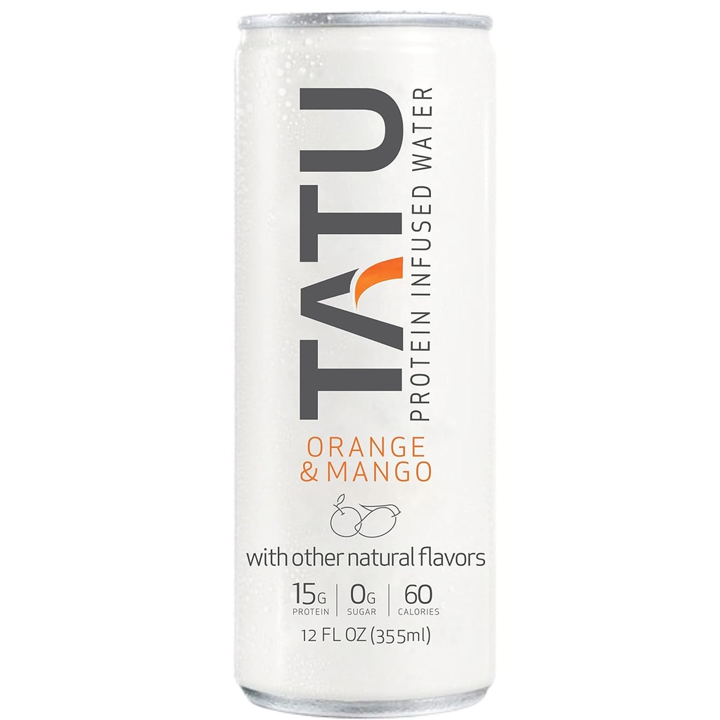 TATU Ready-To-Drink Protein Infused Water Orange Mango 4 Pack. 15 grammi di proteine del siero di latte isolare, 0 grammi di zucchero, solo 60 calorie. Lemon Ginger e Orange Mango. Senza glutine, senza lattosio.