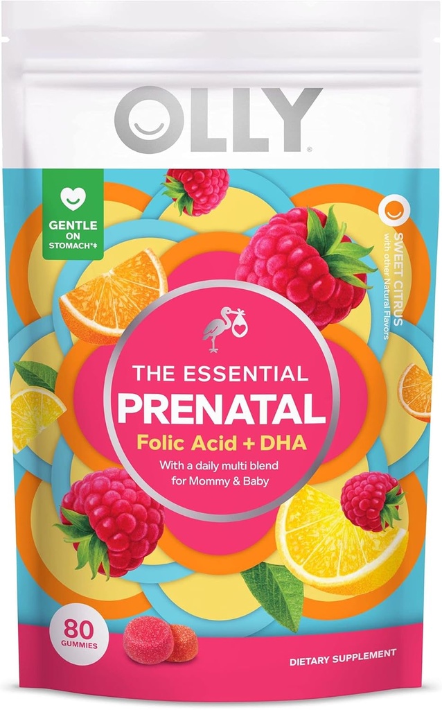 OLLY Multivitamine prénatale Gummy, soutient la croissance saine et le développement du cerveau, acide folique, vitamine D, Omega 3 DHA, supplément à croquer, agrumes Berry Flavor, 40 jours d'approvisionnement - 80 Compte Pouch