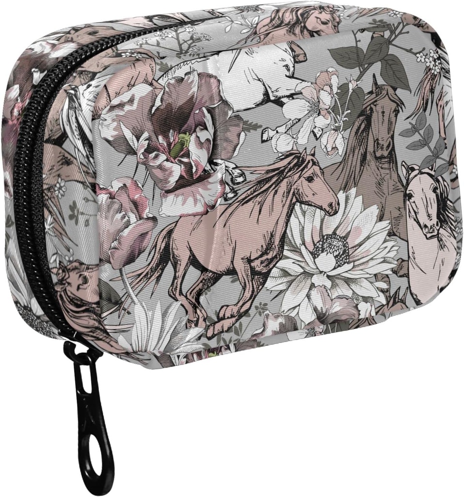 Fustylead Running Horses and Flowers Travel Pill Organizer Case Zipper for Purse with removable Weekly Pill Box for Medicine, Vitamine, Supplement Medicine Organizer