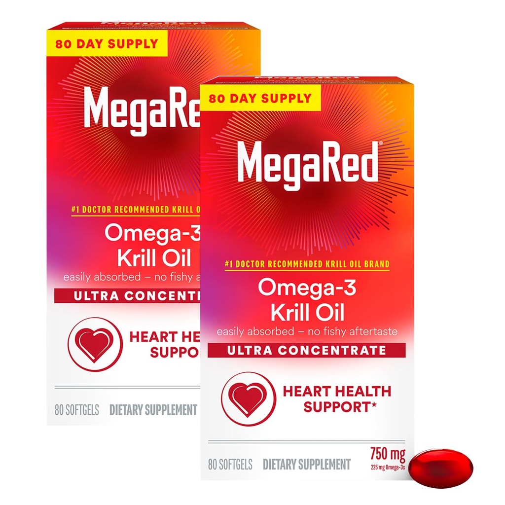MegaRed Ultra Konzentrat 750mg Omega-3-Krillöl-Fettsäure-Ergänzung mit EPA / DHA, Antioxidans Astaxanthin, kein Fischöl-Nachgeschmack unterstützt Herzgesundheit, 80 Count Softgels (2 Packung)