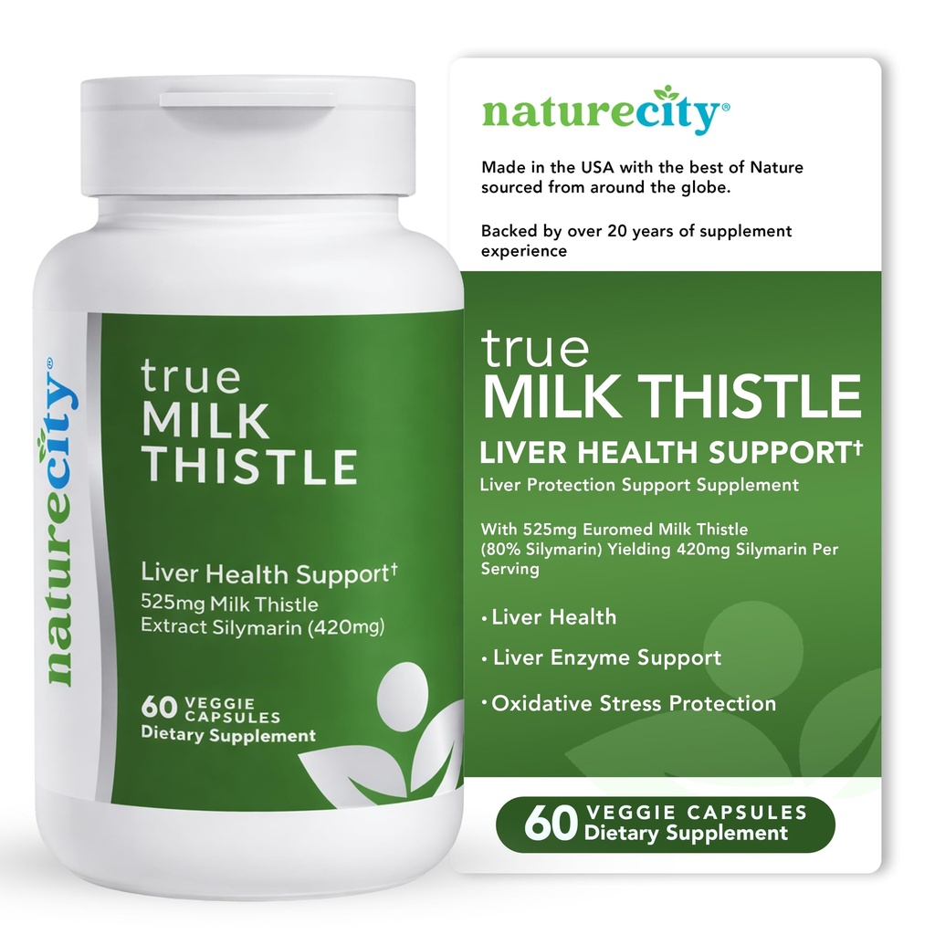 NatureCity TrueMilkThistle | Milk Thistle Supplement 525mg | Milk Thistle (80% silymarin) mit 420mg Silymarin | Antioxidant Support | Liver Support Supplement | 60 Veggie Kapseln