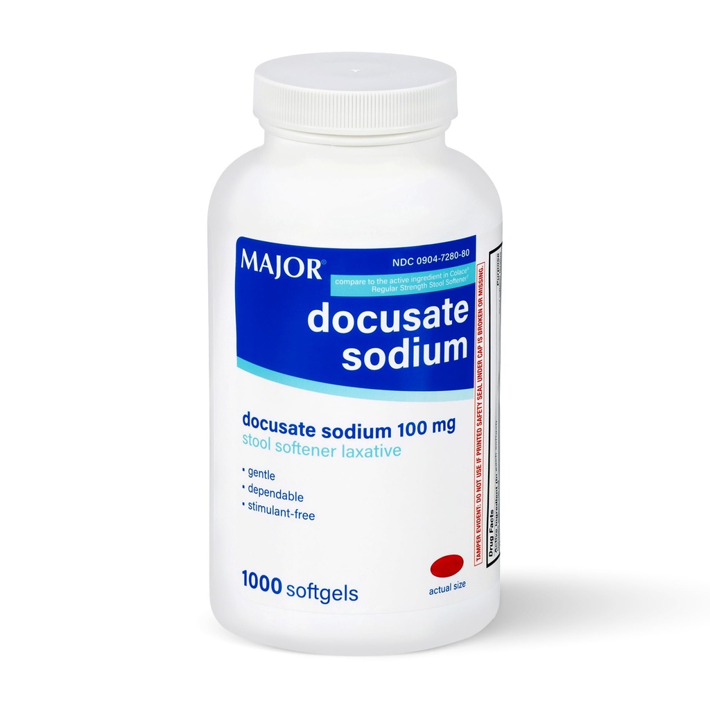 MAJOR Docusate Sodium 100mg, Adoucisseur de tabouret Laxatif pour le soulagement occasionnel de la constipation - doux, dépendant, sans stimulant, 1000 Softgels