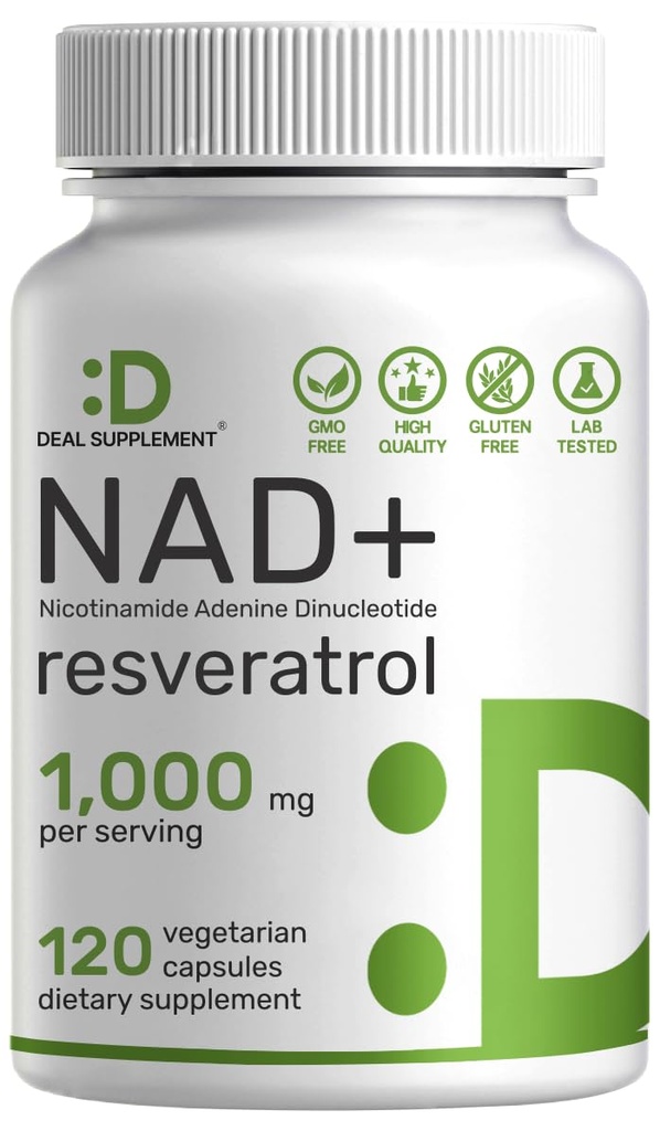 NAD+ Resveratrolo Supplemento 1.000mg Per Serving, 120 capsule vegetali | 2-in-1 Extra Forza NMN Supplemento alternativa | NAD per le donne e gli uomini | Promuovere l'energia, Anti-invecchiamento e rigenerazione cellulare – Non-OGM