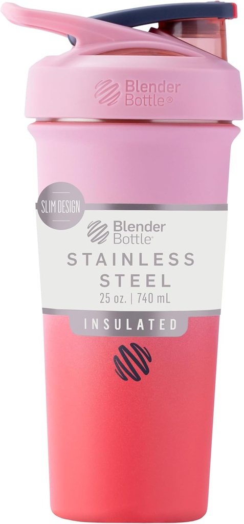 BlenderBottle Sport Sleek Inoxydable en acier inoxydable avec fouet de fil, 25-Ounce, Flamingo Ombre – Secous protéiques et hydratation pour les athlètes et les passionnés de fitness, mélange facile, mince facile à tenir, garde les boissons froides et verrouillables