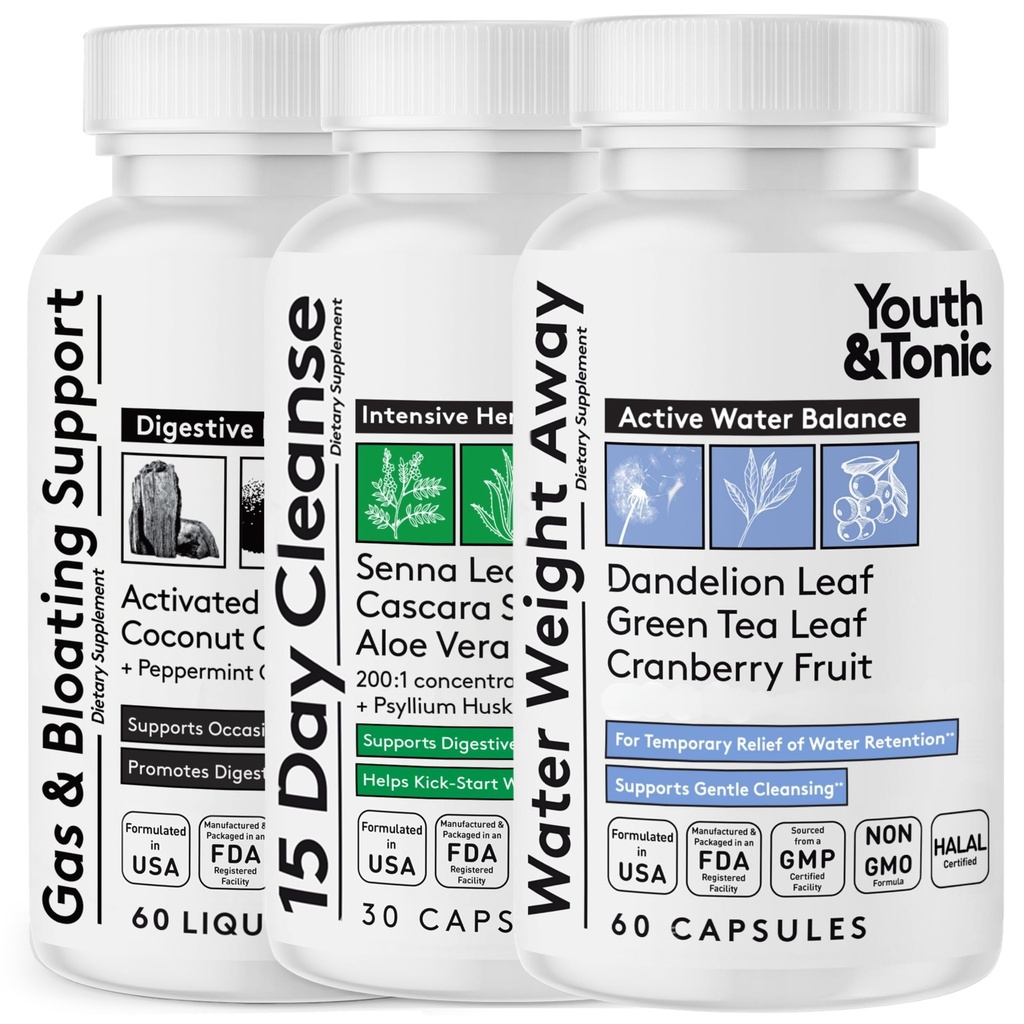 Jugend & Tonic 3X Belly Bloating Pillen für Puffiness, Wasserdebloat, Stomach, Gut & Colon Cleanse Detox | mit flüssiger Aktivkohle, Kokosnuss & Pfefferminzöl, Senna Leaf & More | 150 Kapseln