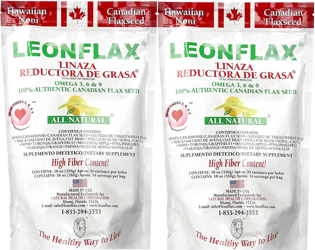 Leonflax 100% Authentic Canadian Flax Seed Powder, All Natural, High Fiber Content, Nahrungsergänzungsmittel zur Verbesserung Ihrer Verdauungsgesundheit, Omega 3, 6 & 9, 18 Oz, Tasche (1) (2)