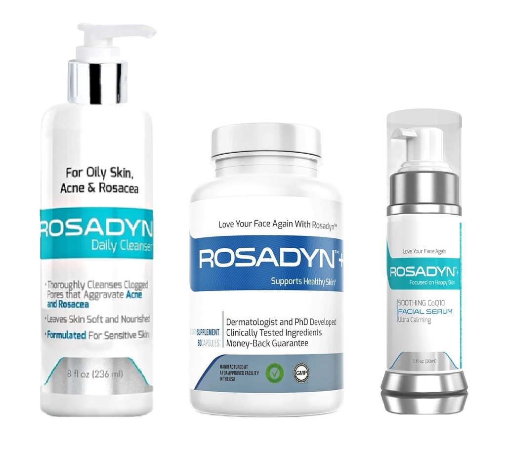 Produits de traitement de Rosacea, lot de suppléments de soulagement de la rougeur, nettoyant de gel de miel et sérum faciale CoQ10 par Rosadyn+