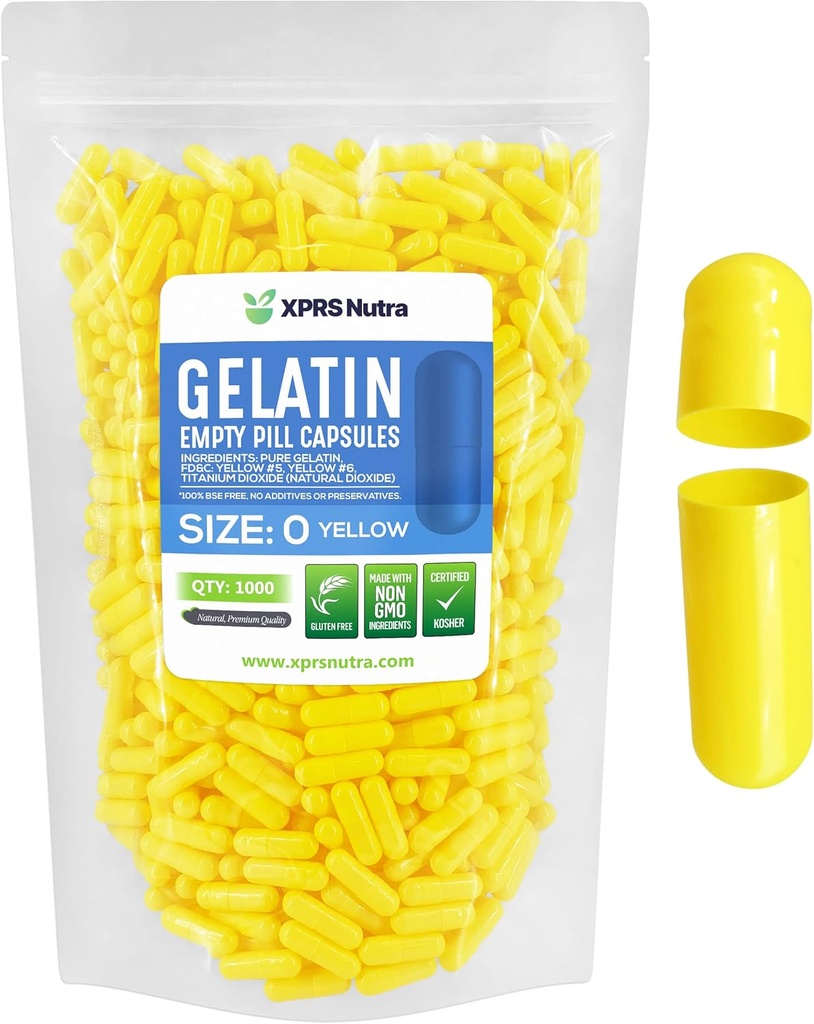 XPRS Nutra Size 0 Capsule Vuote - 1000 Conta Capsule Gelatini Vuoti - Pillole Riempimento Capsule fai da te - Pure Bovine Pill Gel Caps per Do-It-Yourself Supplements (giallo)