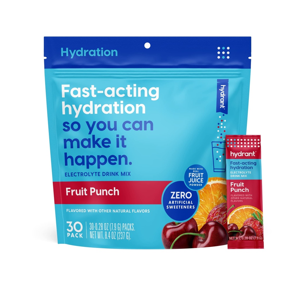 HYDRANT - Poudre d'hydratation, Saveur de punch de fruits, 30 packs individuels de réhydratation instantanée d'électrolytes - Mélange à faible teneur en sucre pour usage quotidien, voyages et séances d'entraînement